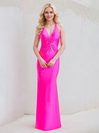 Hot Pink Satin Sheath/Column V Neck Sleeveless Floor Length Bridesmaid Dress