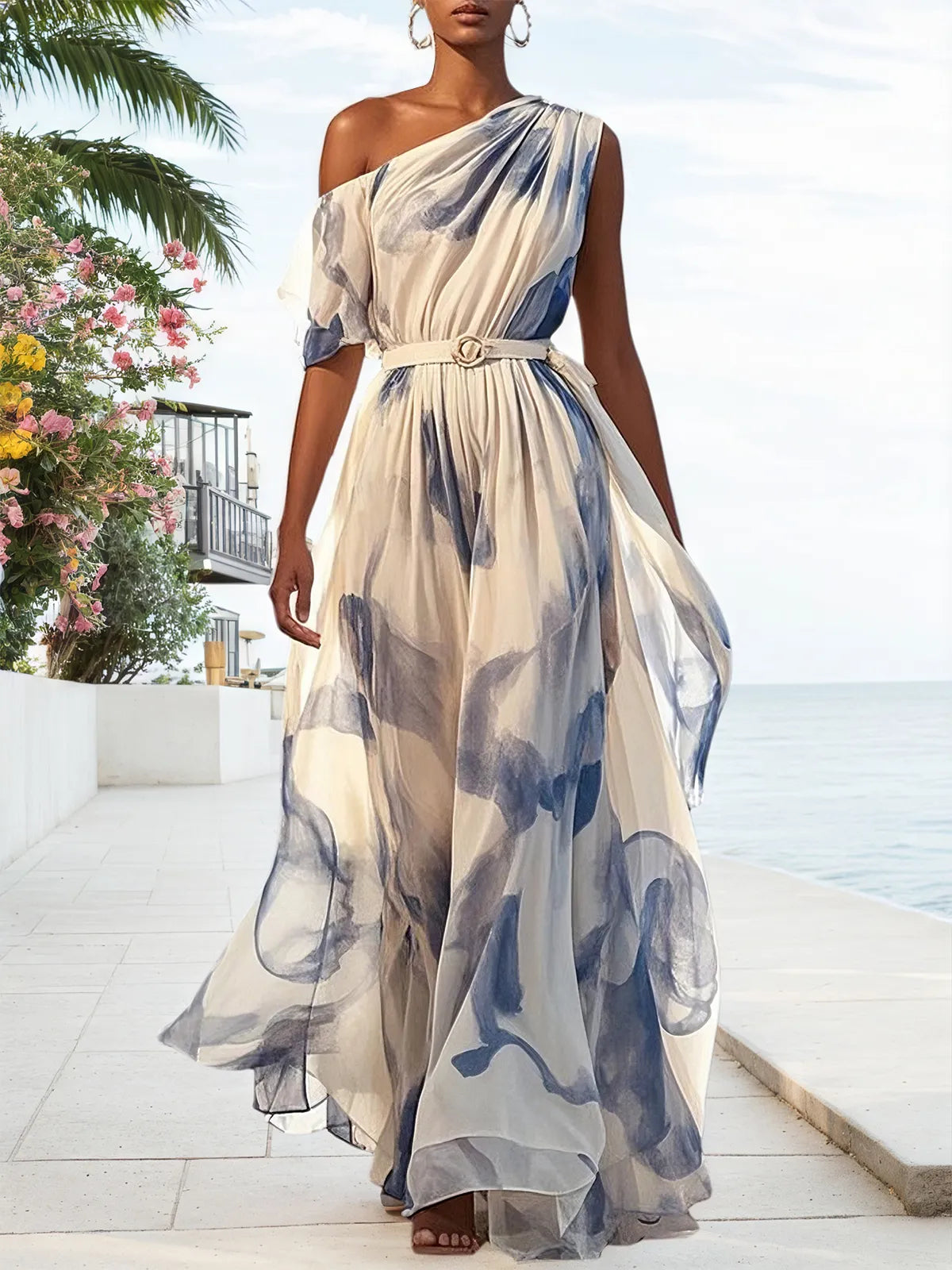 Blau bedrucktes asymmetrisches Chiffonkleid mit einer Schulter, kurzen Ärmeln, A-Linie, Maxilänge