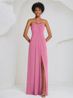 A Line Chiffon Off the Shoulder Sleeveless Floor Length Bridesmaid Dress