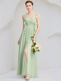 Abito da damigella verde menta in chiffon a linea A con scollo quadrato, senza maniche, lungo fino al pavimento con volant