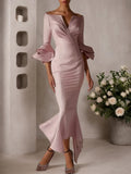 Vestido maxi sirena rosa con mangas campana con volantes y escote en V