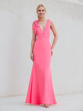 Hot Pink Chiffon V Neck Floor Length Bridesmaid Dress With Bow