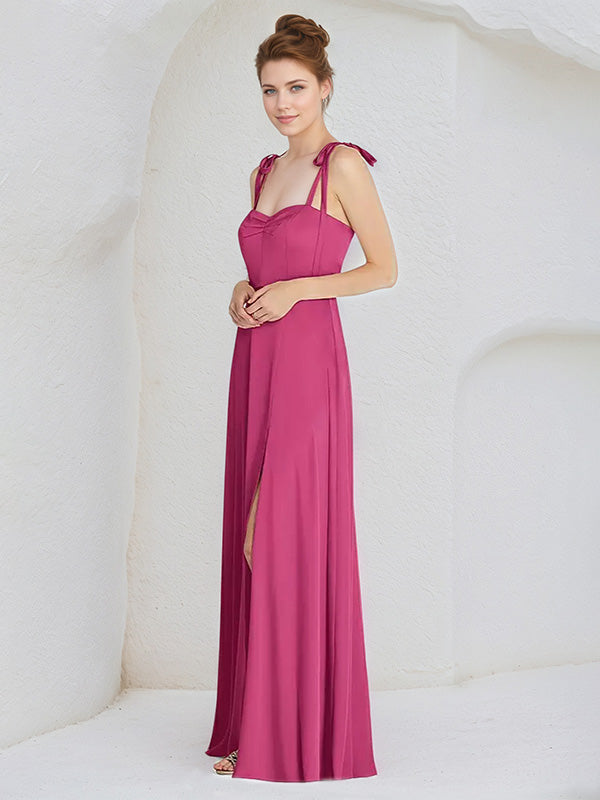 A Line Satin Spaghetti Straps Sleeveless Floor Length Bridesmaid Dress
