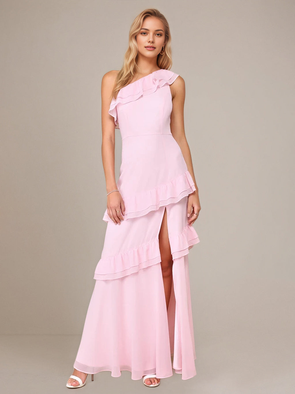 Pink Chiffon A Line One Shoulder Sleeveless Floor Length Dress With Ruffles