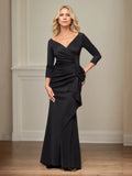 Trumpet/Mermaid V Neck 3/4 Sleeve Floor Length Stretch Crepe Mother of the Bride Dress With Ruffles