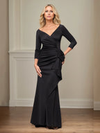 Trumpet/Mermaid V Neck 3/4 Sleeve Floor Length Stretch Crepe Mother of the Bride Dress With Ruffles