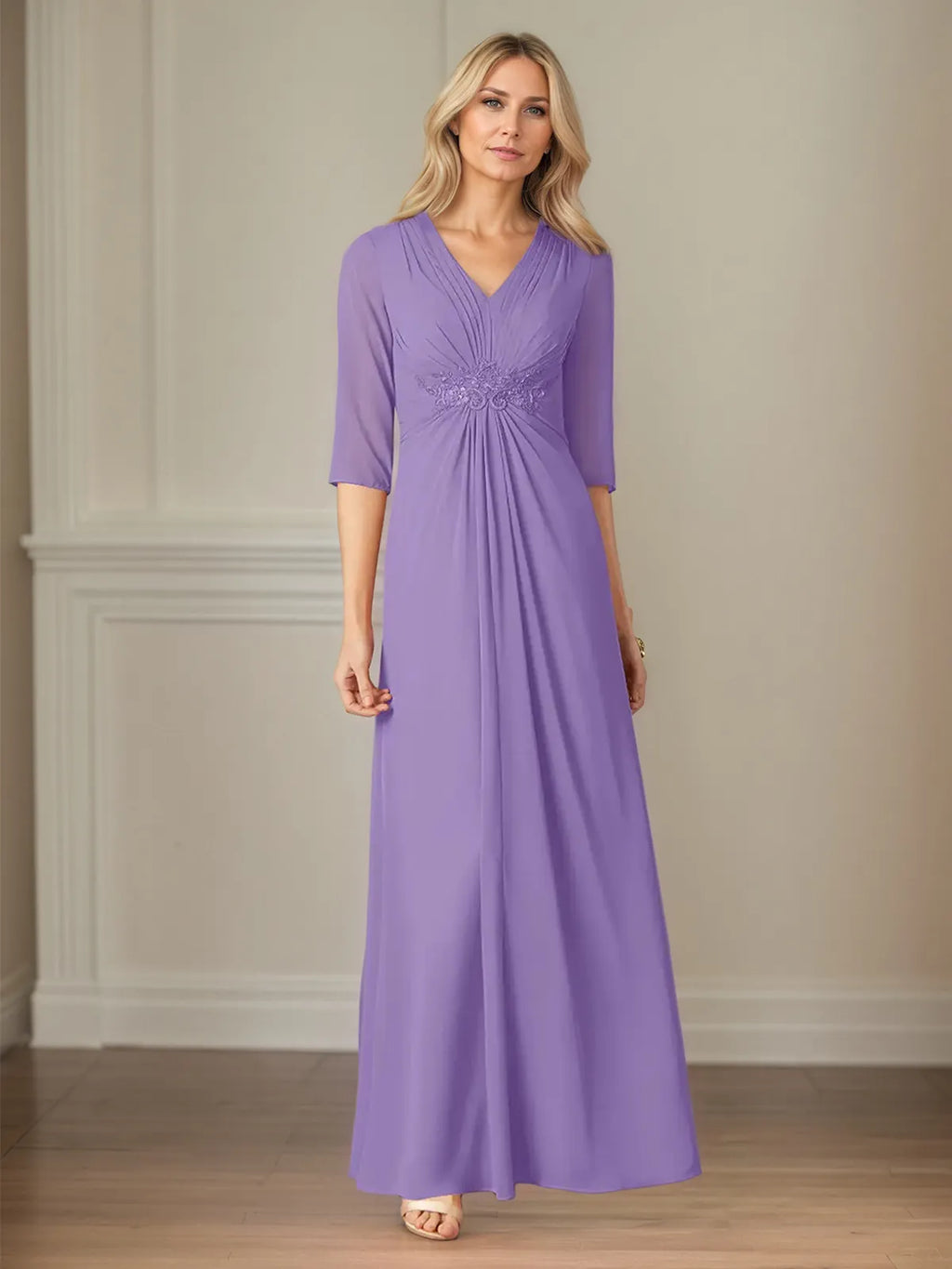 A Line Chiffon V Neck 3/4 Sleeves Floor Length Dress