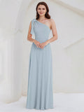 Ice Blue A Line Chiffon One Shoulder Sleeveless Floor Length Bridesmaid Dresses With Bow