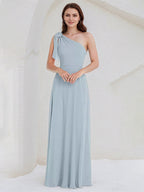 Ice Blue A Line Chiffon One Shoulder Sleeveless Floor Length Bridesmaid Dresses With Bow