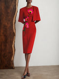 Red Embroidery Floral Half Sleeve Sheath Midi Dress