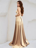 Champagne Satin A Line V Neck Sleeveless Floor Length Bridesmaid Dress