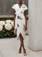 White Printing Satin V Neck Cap Sleeve Sheath Midi Dress