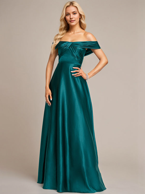 Peacock A-Line Off the Shoulder Floor-Length Satin Bridesmaid Dress – DUNALI
