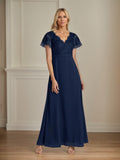 A Line Chiffon V Neck Short Sleeves Floor Length Mother of the Bride Dresses