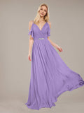 Tahiti A Line Chiffon Spaghetti Straps Sleeveless Floor-Length Bridesmaid Dresses