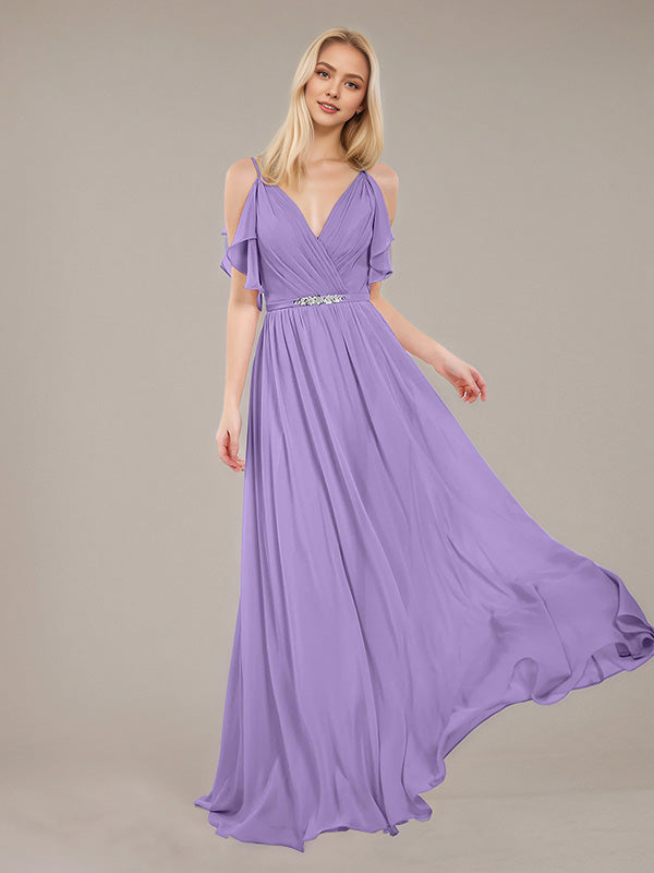 Tahiti A Line Chiffon Spaghetti Straps Sleeveless Floor-Length Bridesmaid Dresses