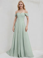 Agave Chiffon A Line Off the Shoulder Sleeveless Floor Length Bridesmaid Dress
