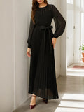 Schwarzes plissiertes Mesh-Chiffon Kleid mit Rundhalsausschnitt, langen Ballonärmeln und A-Linien-Maxilänge