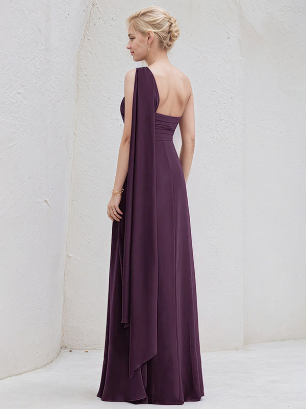 Grape A-Line One Shoulder Floor-Length Chiffon Bridesmaid Dress With R β DUNALI