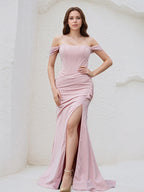 Lavender Blush Chiffon Sheath/Column Off the Shoulder Sleeveless Floor Length Bridesmaid Dress