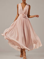 Rosa A-Linien Chiffon V-Ausschnitt ärmelloses bodenlanges Kleid mit 3D-Blumen