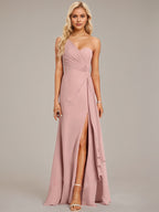 Dusty Rose A-Line One Shoulder Floor-Length Chiffon Bridesmaid Dress With Ruffle