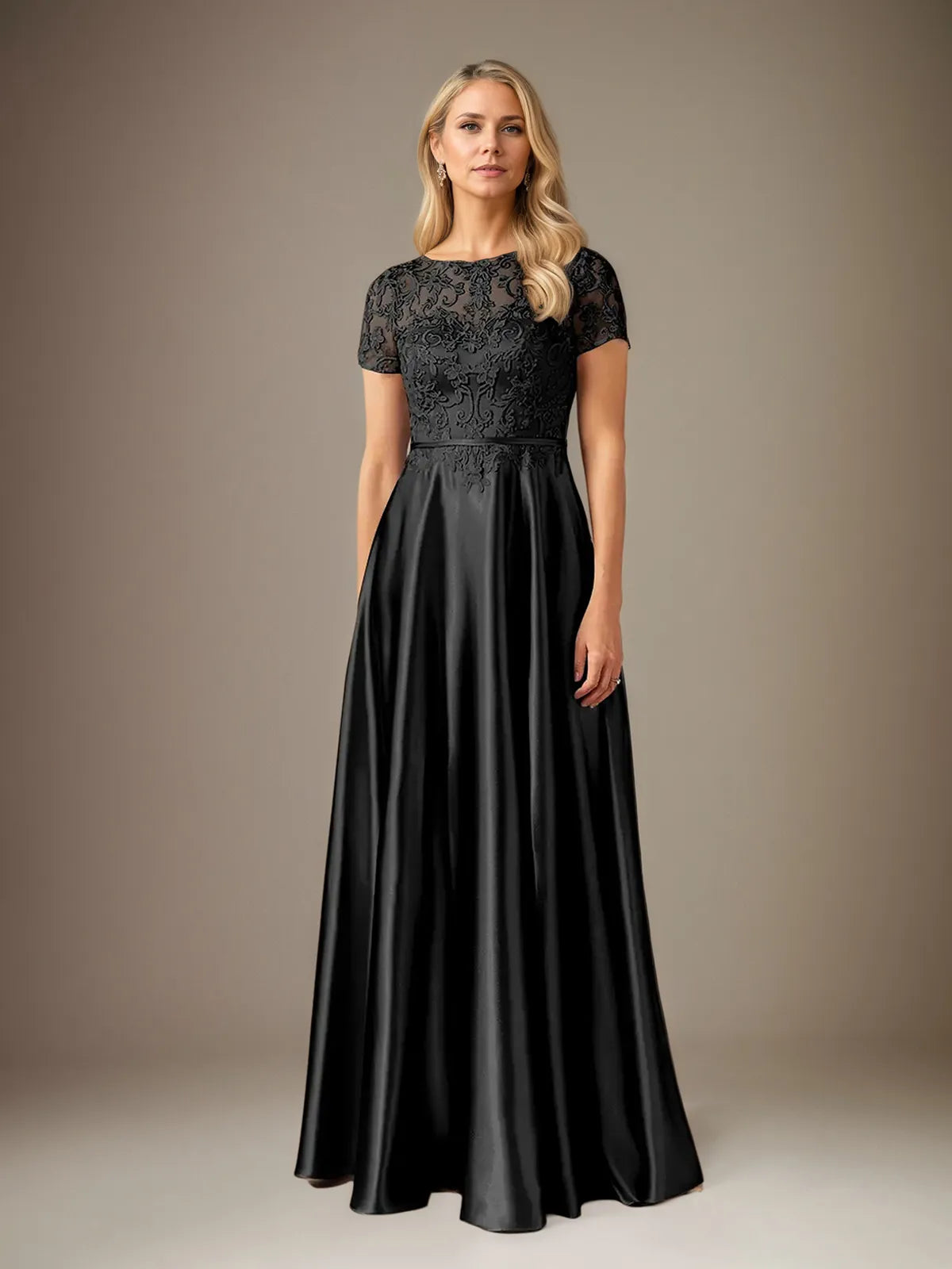 A Line Satin Scoop Neck Short Sleeves Floor Length Dress With Appliques