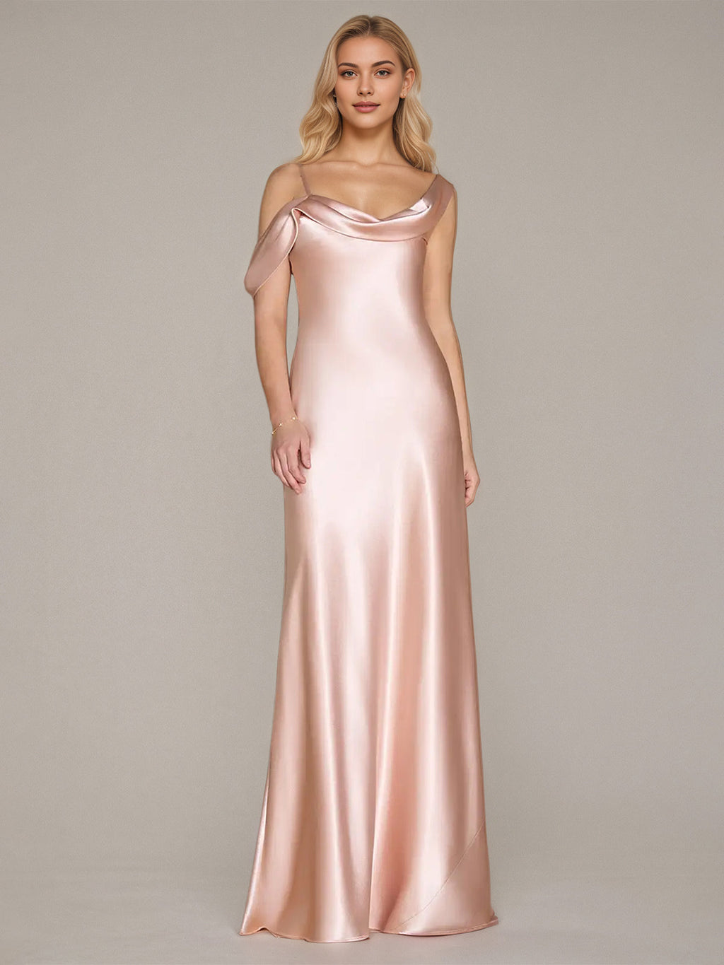 Abito lungo asimmetrico in satin rosa a tubino senza maniche