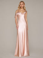 Abito lungo asimmetrico in satin rosa a tubino senza maniche