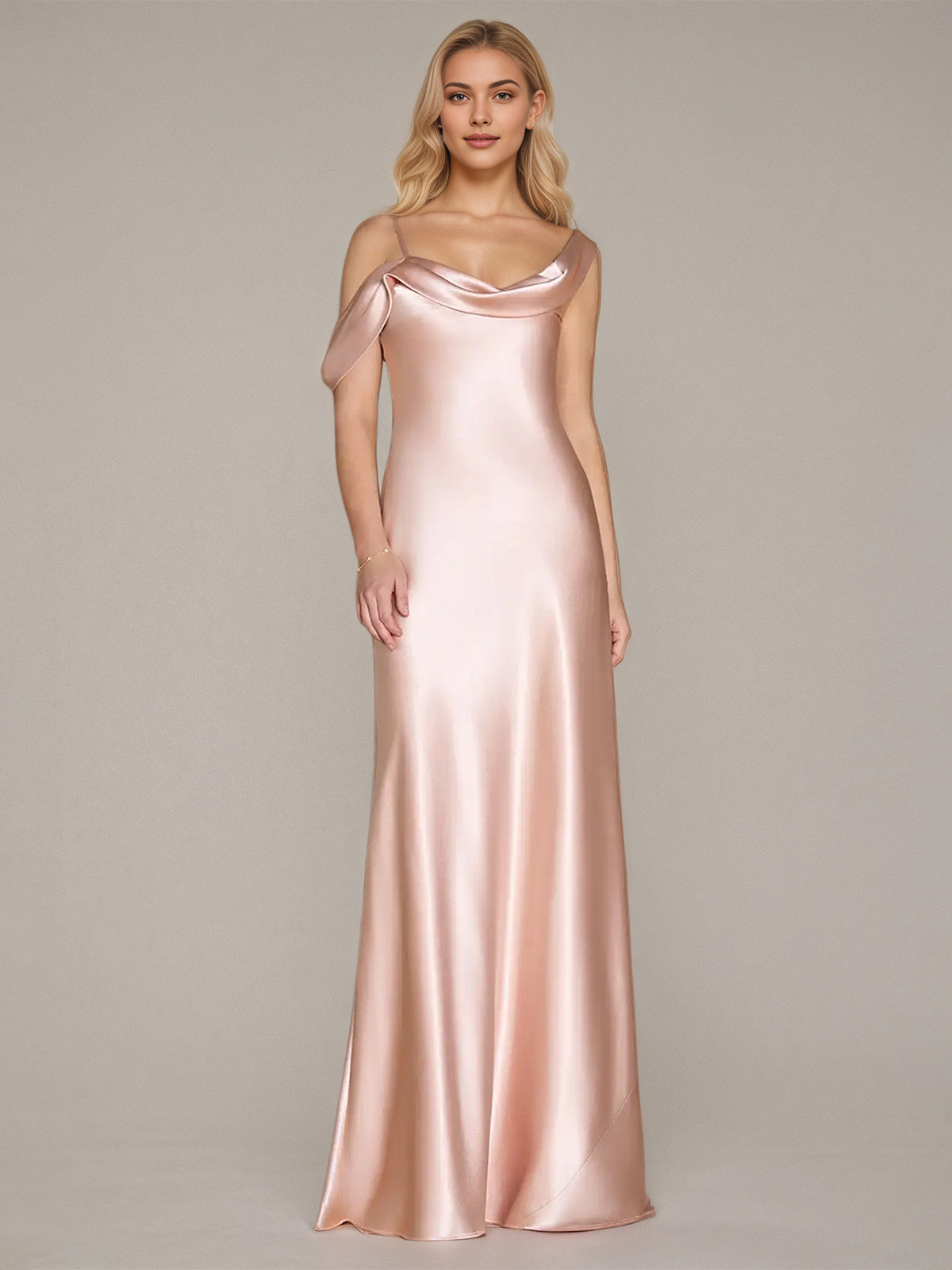 Abito lungo asimmetrico in satin rosa a tubino senza maniche
