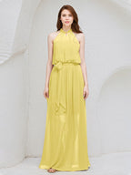 Vestido longo de madrinha amarelo de chiffon em A com decote halter e sem mangas