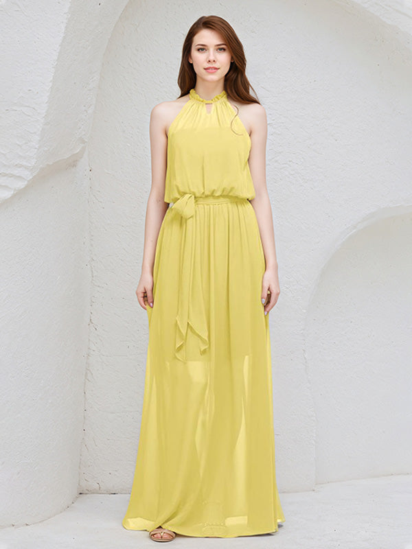 Vestido longo de madrinha amarelo de chiffon em A com decote halter e sem mangas