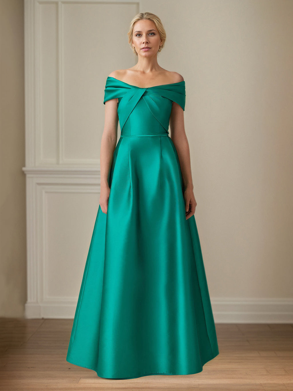 Jade Satin A-Linien Schulterfreies bodenlanges Kleid der Brautmutter