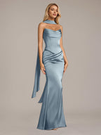 Dusty Blue Sheath/Column Satin Off The Shoulder Sleeveless Floor Length Dress