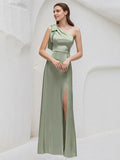Sage Satin A Line One Shoulder Sleeveless Floor Length Bridesmaid Dresses With Bow