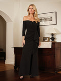 Vestido de madre de la novia negro de gasa, escote off the shoulder, mangas 3/4 y largo hasta el tobillo