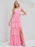 Pink Chiffon A Line V Neck Sleeveless Ruched  Floor Length Bridesmaid Dress