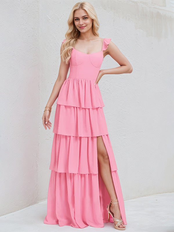 Pink Chiffon A Line V Neck Sleeveless Ruched  Floor Length Bridesmaid Dress