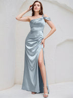 Ice Blue Satin A Line One Shoulder Sleeveless Floor Length Bridesmaid Dress