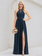 Dark Navy Chiffon A Line Halter Neck Sleeveless Floor Length Bridesmaid Dress
