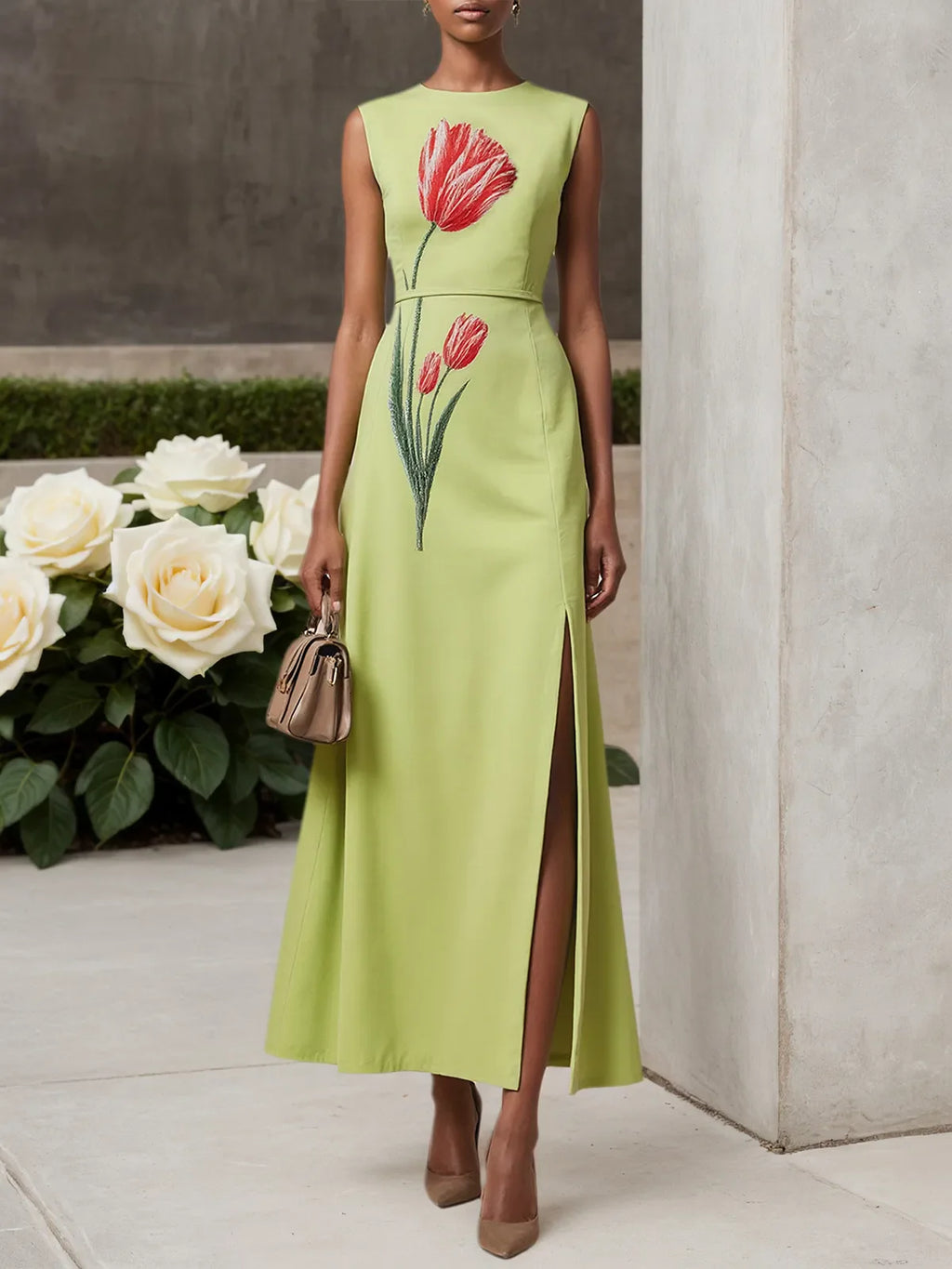 Green Embroidery Slit Classic Crew Neck Sleeveless A-Line Maxi Dress
