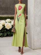 Green Embroidery Slit Classic Crew Neck Sleeveless A-Line Maxi Dress
