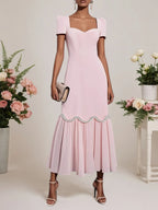 Pink Rhinestone Classic Sweetheart Neckline Short Sleeve A-Line Maxi Dress