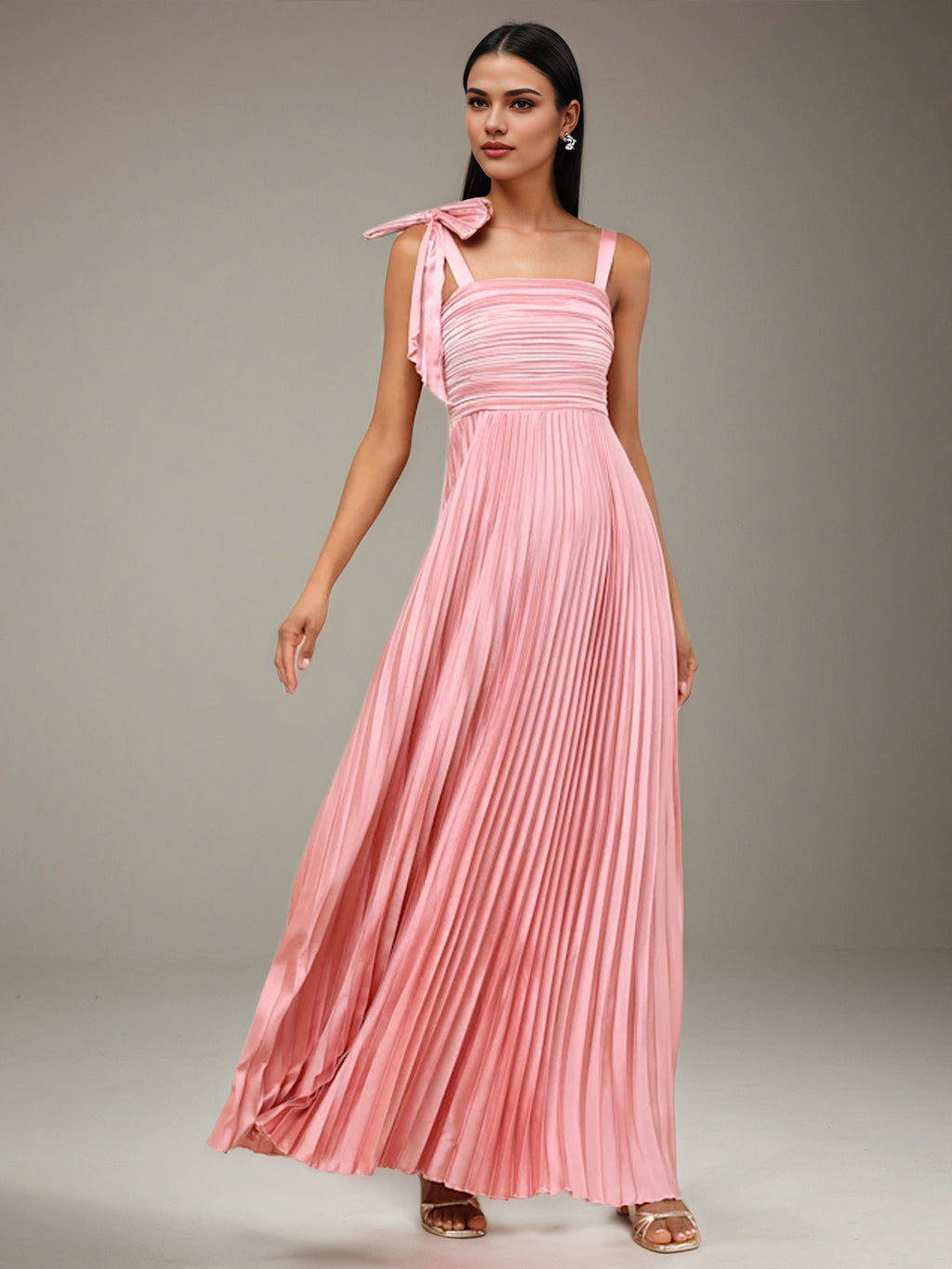 Rosa Satin A-Linien Kleid mit quadratischem Ausschnitt, ärmellos, bodenlang und Schleife, Brautjungfernkleid