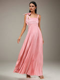Rosa Satin A-Linien Kleid mit quadratischem Ausschnitt, ärmellos, bodenlang und Schleife, Brautjungfernkleid
