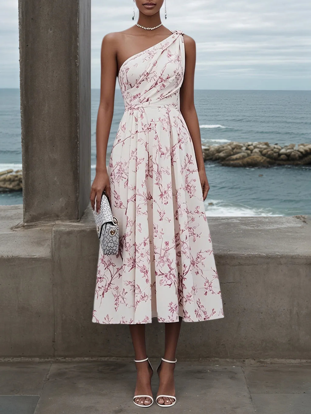 Rosa einseitig schulterfreies ärmelloses A-Linien Midi Kleid mit Blumenmuster