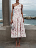 Rosa einseitig schulterfreies ärmelloses A-Linien Midi Kleid mit Blumenmuster
