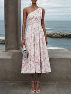 Rosa einseitig schulterfreies ärmelloses A-Linien Midi Kleid mit Blumenmuster