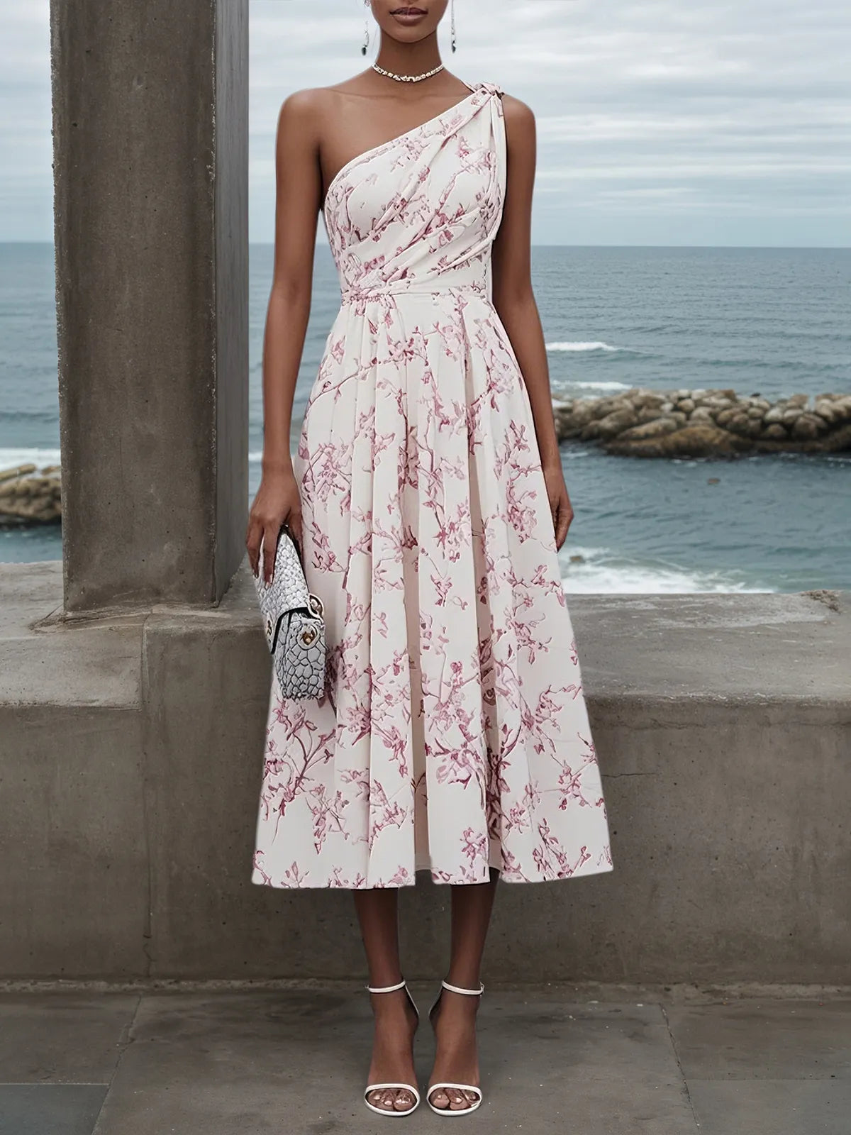 Rosa einseitig schulterfreies ärmelloses A-Linien Midi Kleid mit Blumenmuster