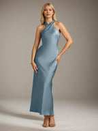 Powder Blue Satin Sheath/Column Halter Neck Sleeveless Ankle Length Bridesmaid Dress